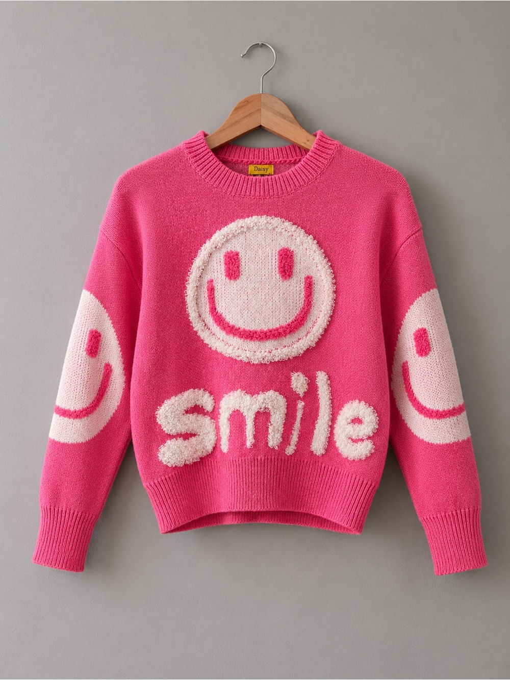 Daisy Smile Face Sweater Women’s Small Pink Fuzzy Graphic Knit Pullover Cozy